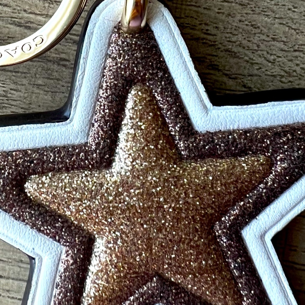 Coach Leather sparkle glitter gold Star Key Fob Bag Charm